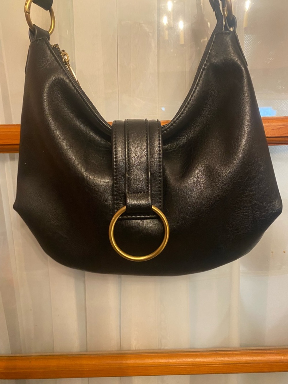 Anthropologie Black Shoulder Bag with Gold Ring Detail